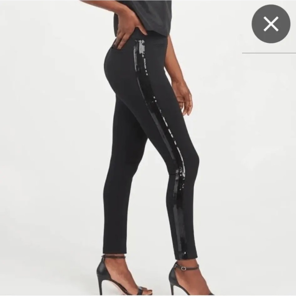 Spanx , (L) The Perfect Pant ,Black Ponte Pant Slim Tuxedo Stripe Crop Shaping L